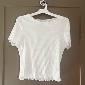Basic White Ribbed Tee, Scalloped Sleeves and Neck